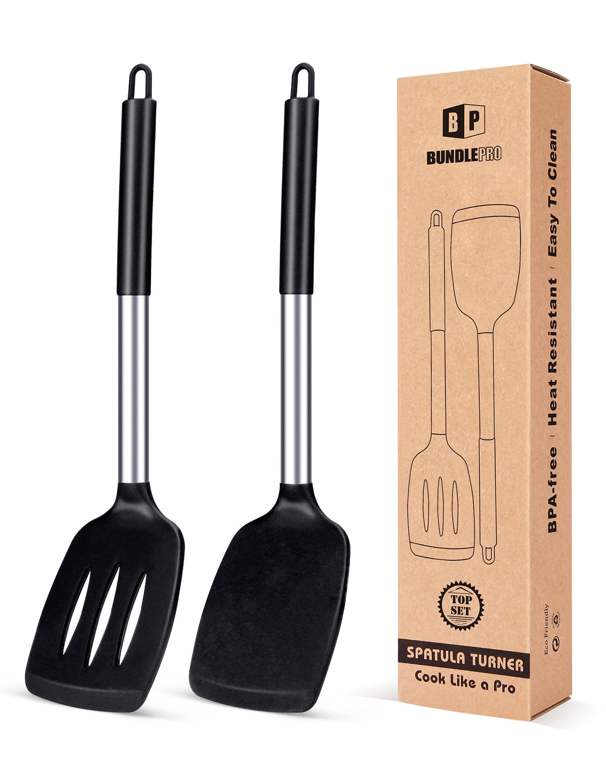 Pack of 2 Silicone Slotted Spatula,Non Stick Solid Kitchen Turner, High Heat Resistant BPA Free Cooking Utensils for Fish, Eggs, Pancakes（Black