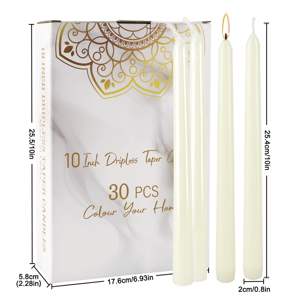 TLNFHRPI 30 Pack of 10-Inch Ivory White Taper Candles - Unscented and Smokeless Long Burning