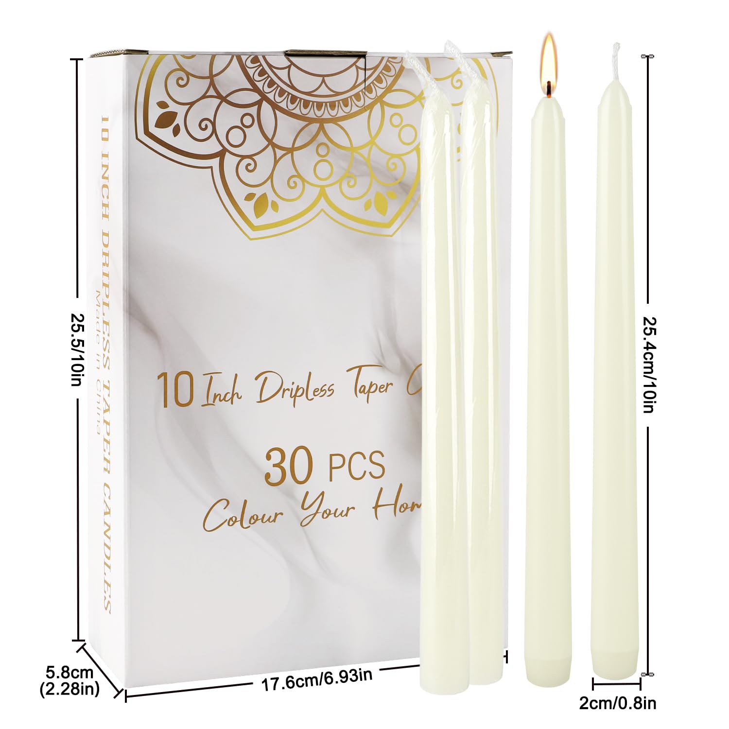TLNFHRPI 30 Pack of 10-Inch Ivory White Taper Candles - Unscented and Smokeless Long Burning