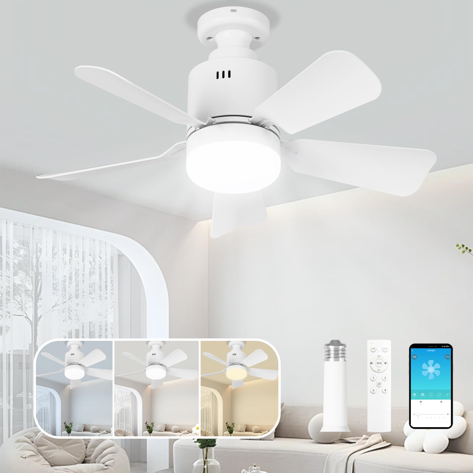LANMEL Socket Fan Light with Remote Control,17.7-Inch Small Ceiling Fan with Light,3-Color Dimmable with E26/27 Base and Socket Extender,Bedroom/Living Room/Kitchen/Garage,White