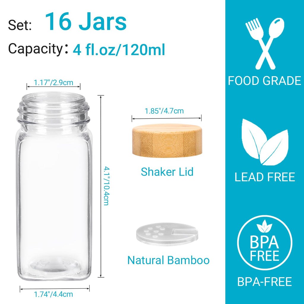 16 Pack 4oz Glass Spice Jars with Bamboo Lids,Clear Square Spice Containers Bottles with Shaker Lids,120 Spice Labels,1 Funnel and 1 Brush for Kitchen Storage