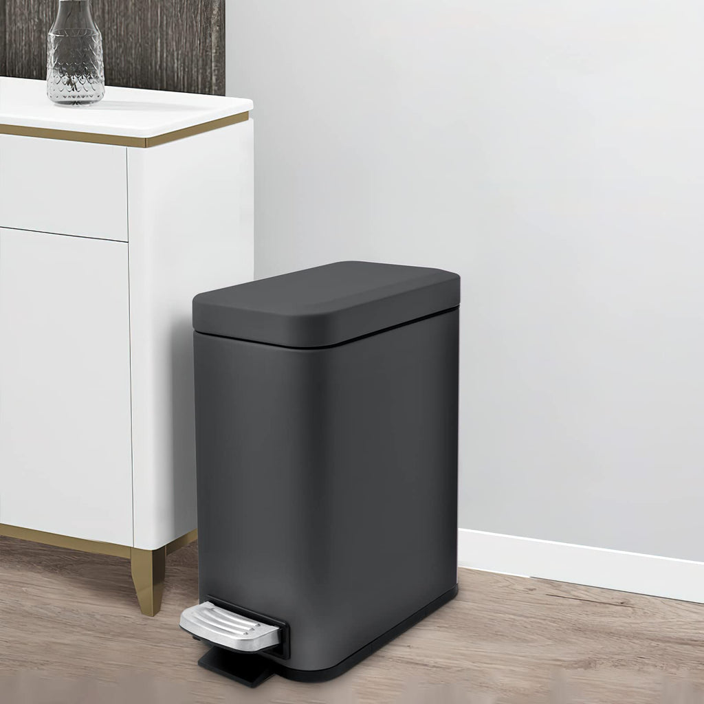 5 Liter/1.3 Gallon Slim Small Trash Can with Lid Soft Close, Stainless Steel Garbage Can for Bathroom Bedroom Office, Rectangular Step Trash Bin with Removable Inner Waste Basket (Black)