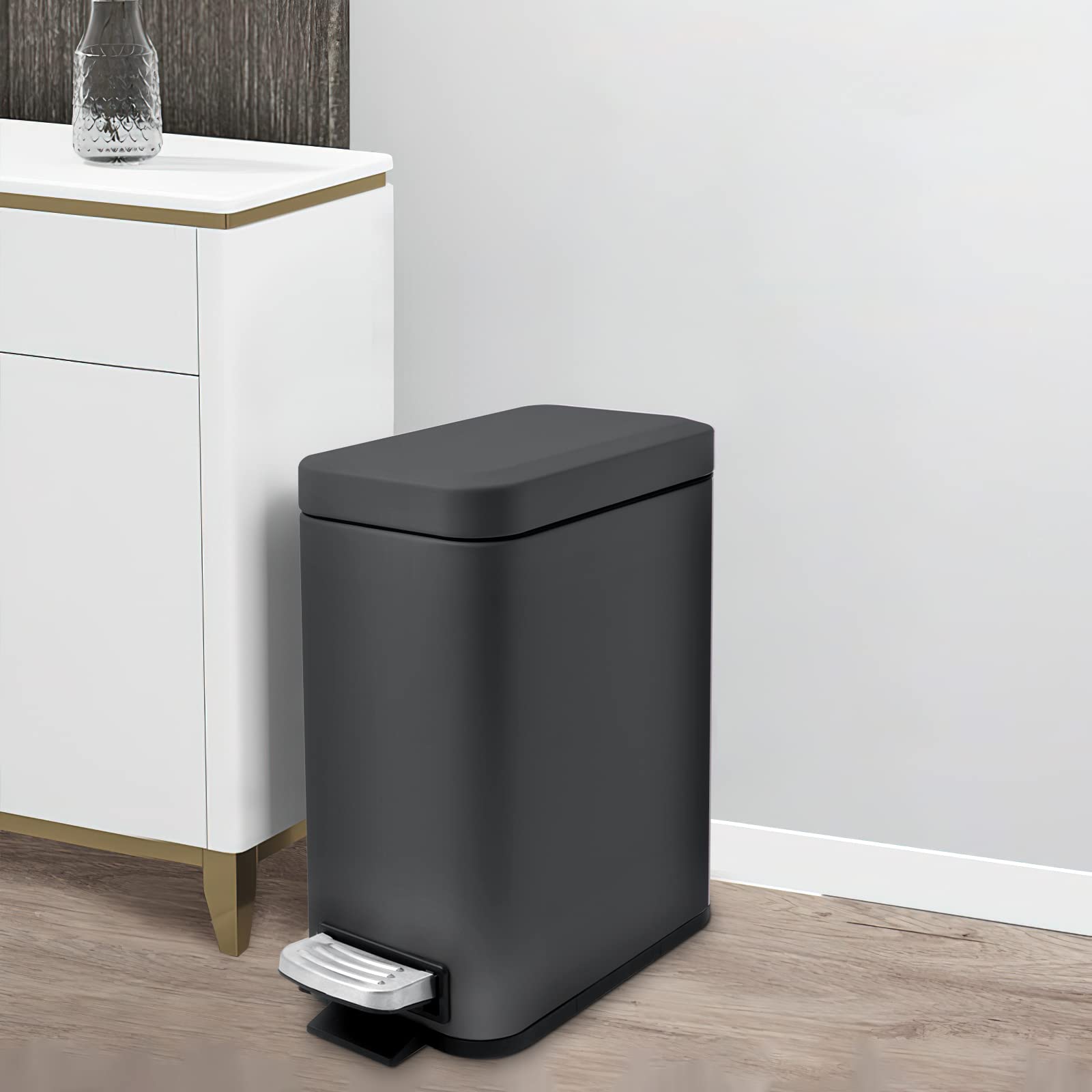 5 Liter/1.3 Gallon Slim Small Trash Can with Lid Soft Close, Stainless Steel Garbage Can for Bathroom Bedroom Office, Rectangular Step Trash Bin with Removable Inner Waste Basket (Black)