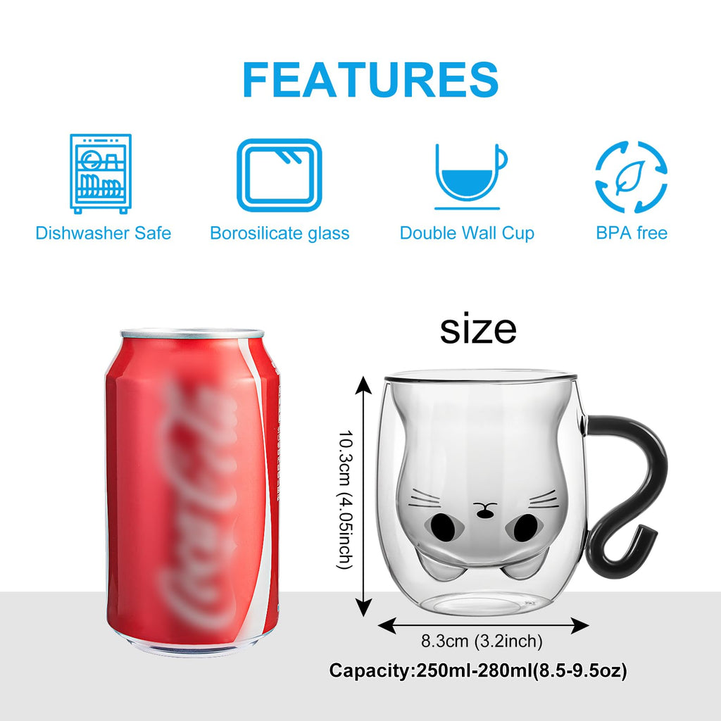Bkinpid Cute Cat Double Wall Glass Mug, Black Cat 100% Borosilicate Thick Glass with Handle, Heat Resistance, Gift Wrapped