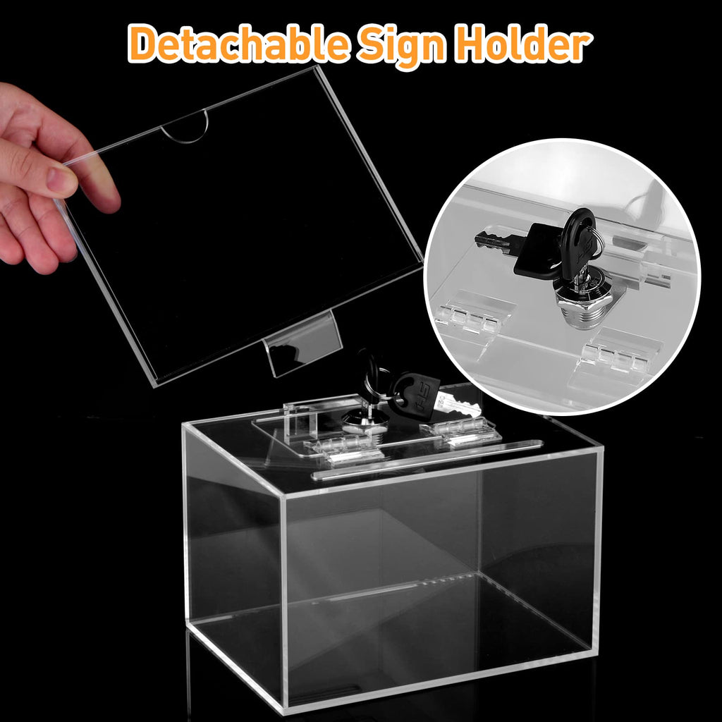 HOEMEM Acrylic Donation Box with 100 Pcs Raffle Tickets, Clear Ballot Box with Lock & Sign Holder Safe Suggestion Box Storage Container for Fundraising Voting Tip Jar (6" x 4.3" x 4")