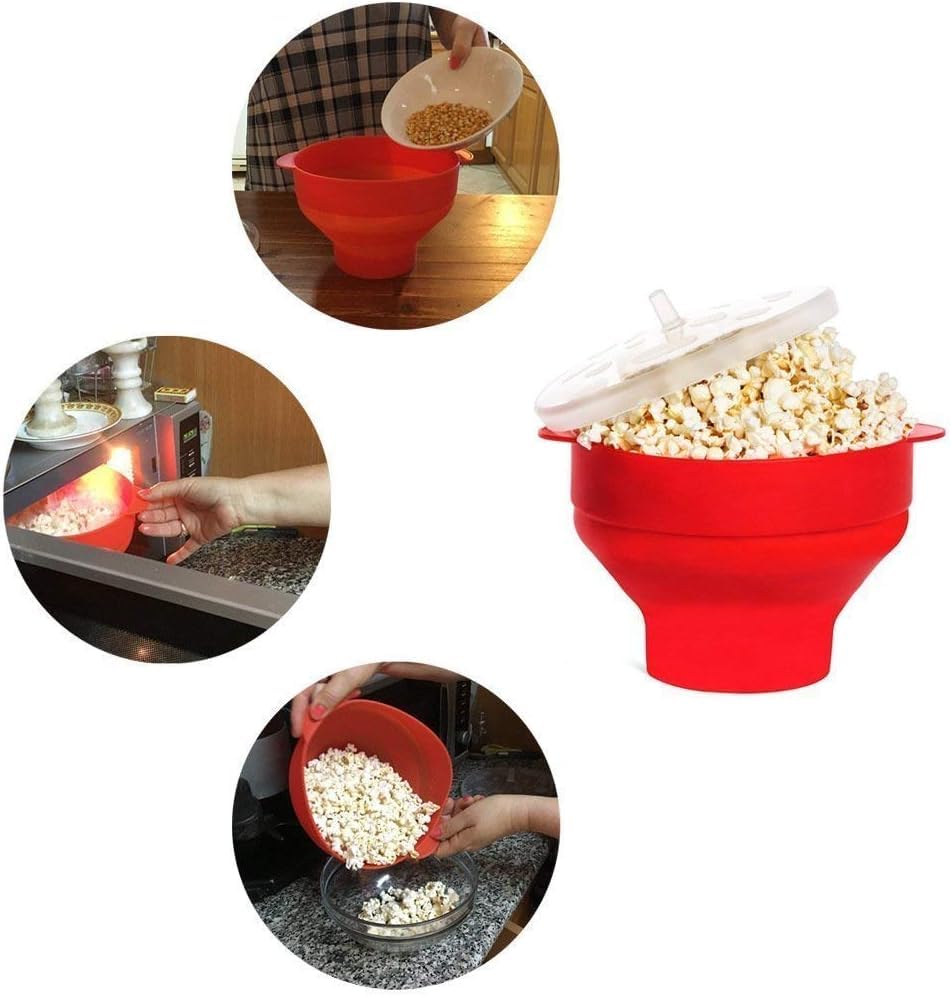 Yomitek Microwave Popcorn Popper, Silicone Hot Air Popcorn Maker Bowl Collapsible with Lid for Home, DIY Popcorn Bucket,No Oil Healthier,PVC & BPA Free- Healthy Instant Kernels Popping (Red)