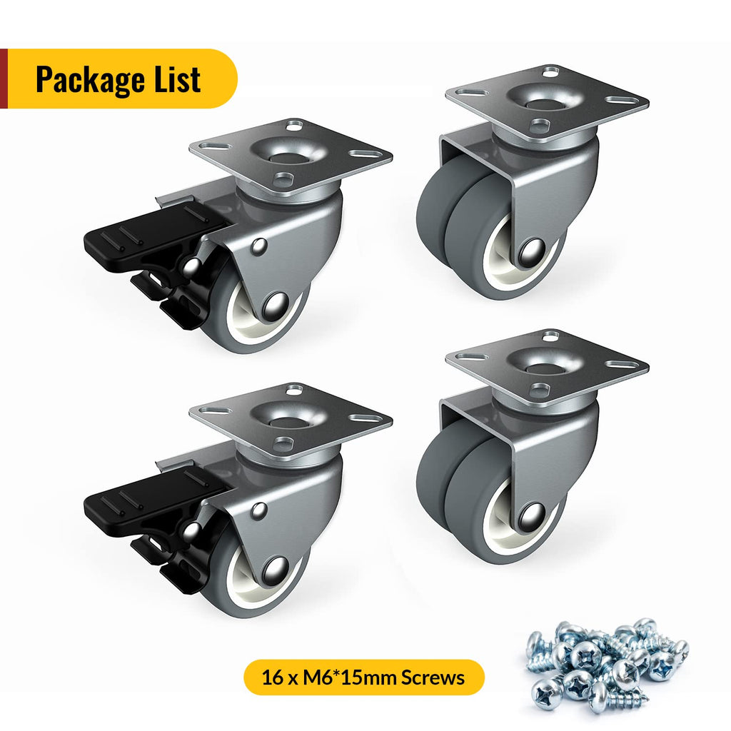 2 inch Caster Wheels Set of 4 - Heavy Duty Casters for Furniture - No Noise TPR Swivel Wheels - with Screws - Total Capacity 880 lbs (2 with Brakes)