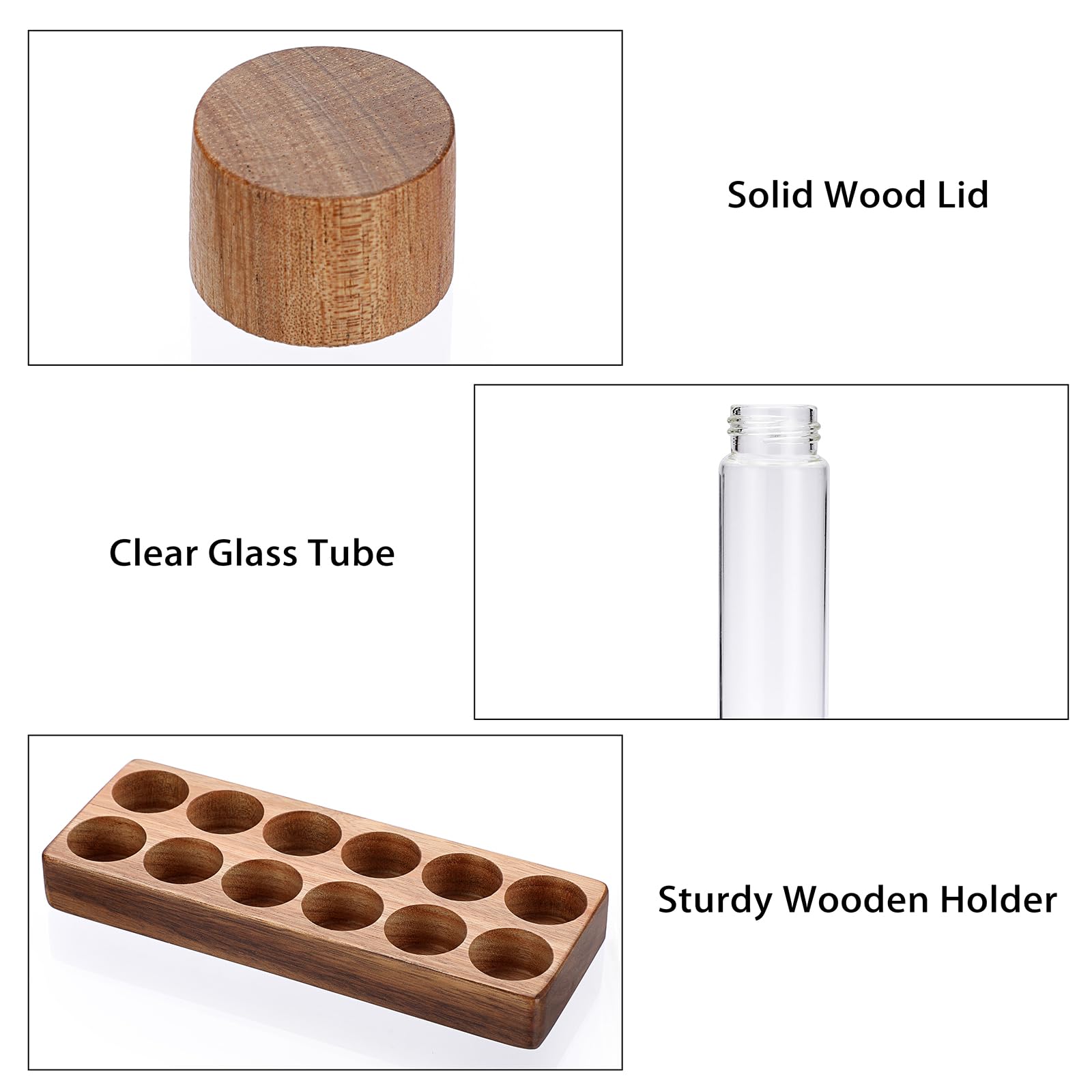 JuxYes Single Dose Coffee Bean Storage Tubes, 12pcs Coffee Bean Cellars with Lid, 2 oz Glass Espresso Bean Container with Wooden Holder Stand, Sealed Dosing Glass Vials for Tea, Candies, Spices