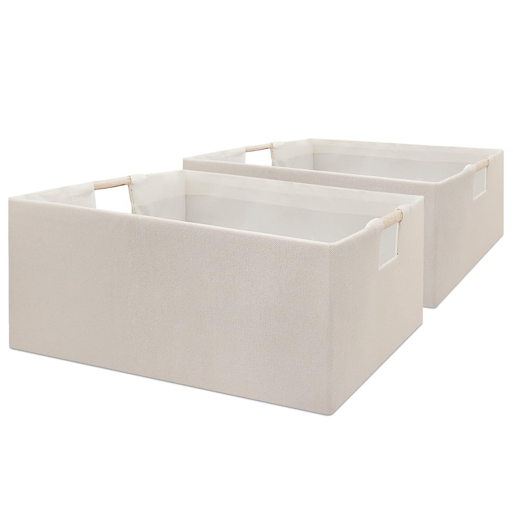 Fabric Collapsible Storage Bins, 2 Packs Cloth Storage Cubes with Wooden Handles, Stow Home Items Shelf Baskets, Rectangular Storage Basket for Decor, Shelves and Closet Organizer Bins (Beige)