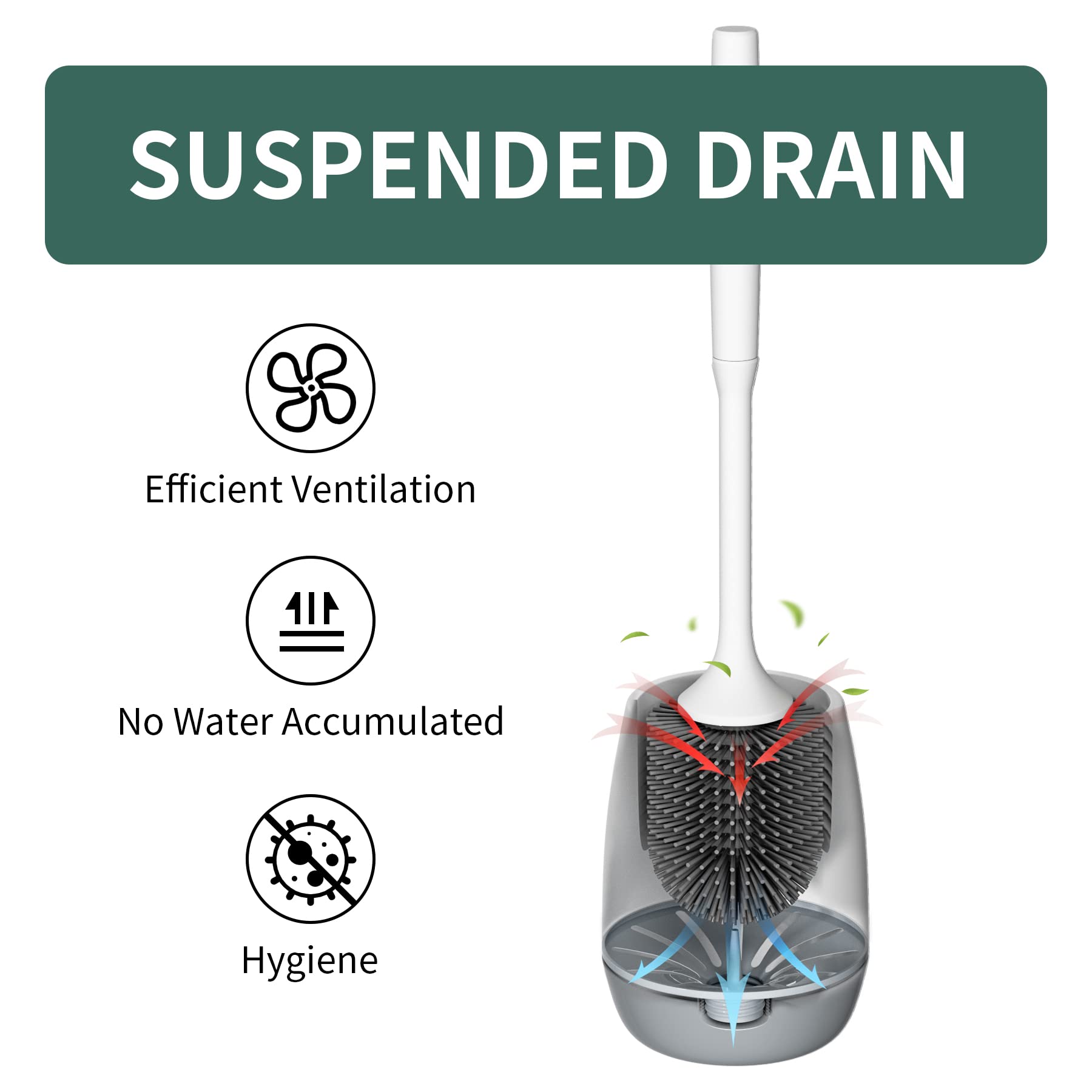 Hibbent 2 Pack Toilet Brush with Ventilated Drying Holder, Silicone Toilet Bowl Brush Bathroom Cleaning Bowl Brush Kit Sturdy Cleaning Toilet Brush, Floor Standing & Wall Mounted Without Drilling