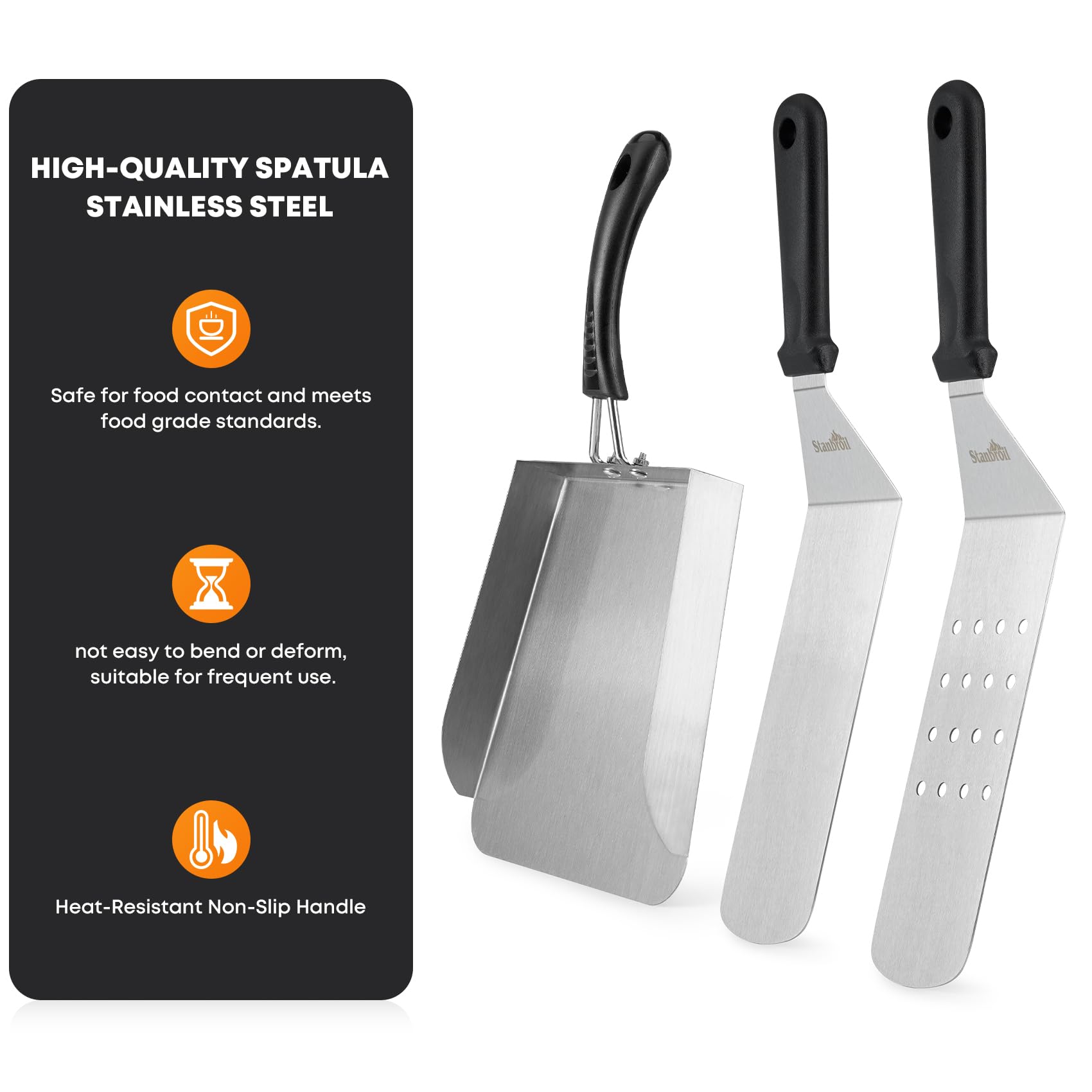 Stanbroil Stainless Steel Griddle Spatula Set for Outdoor Grill, 3 PCS Flat Top Grill Accessories, Includes Large Griddle Scoop, Perforated Spatula, Smash Burger Spatula