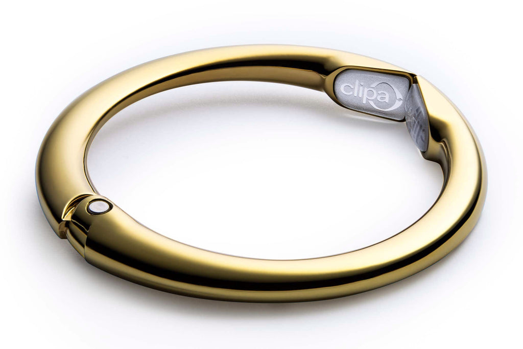 Clipa Handbag Hanger – Polished Gold PVD- The Ring that Opens into a Hook and Hangs in Just 10 mm of Space, Holds 15 kg, 3 yr. Warranty