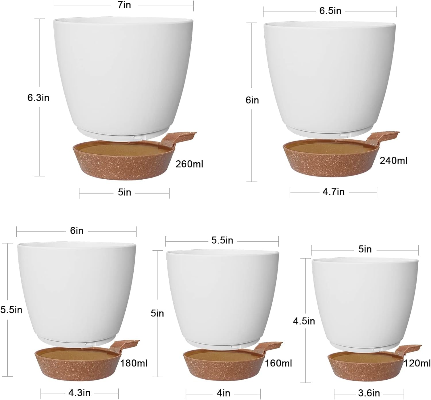 5 Pack Plant Pots 7/6.5/6/5.5/5 Inch Self Watering Planters with Mesh Drainage Holes and 3 Garden Tools for Indoor Outdoor Garden Plants Flowers (White)