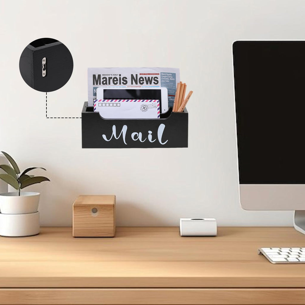 ZBBCTUS Mail Organizer Wall Mounted with 2 Slots & Removable Grids, Black Mail Sorter Basket, Wood Desk Mail Holder Countertop Hanging for Home Office Decor