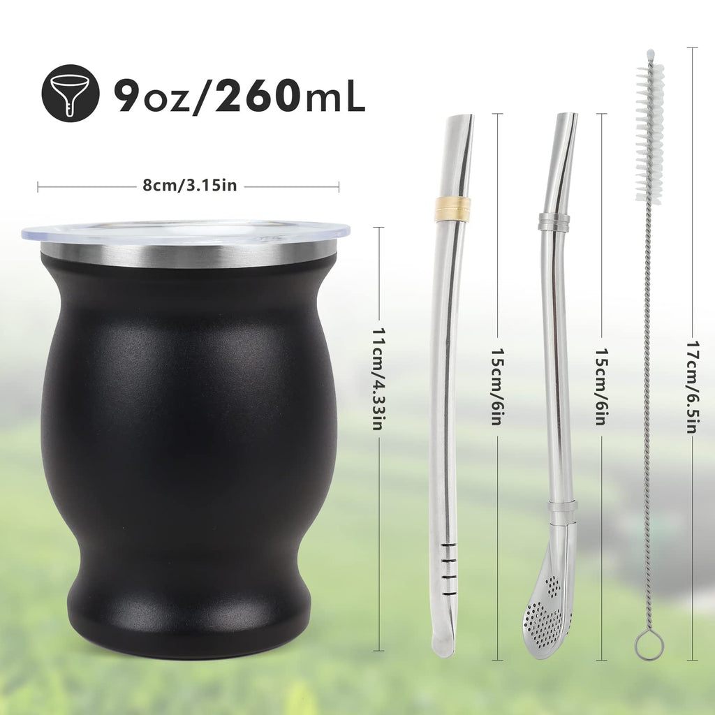 ROCKY&CHAO 9 Oz Yerba Mate Cup, Tea Cup Set Include Stainless Steel Modern 2 Bombilla Straws, Cleaning Brush and BPA Free Lid, Double-Walled Hot & Cold Drink, for Tea, Coffe(Gourd-Black)