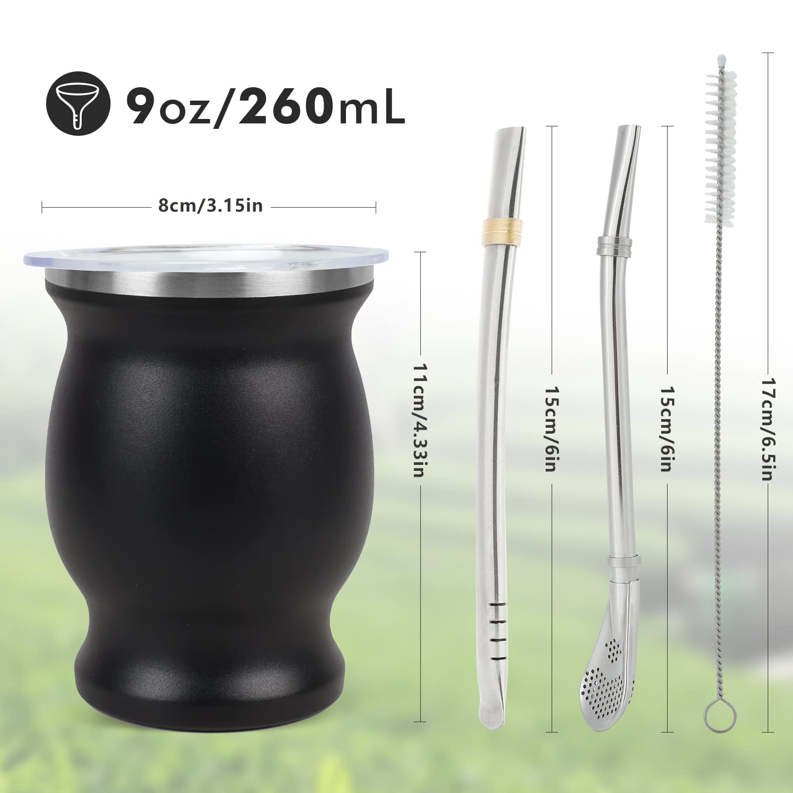 ROCKY&CHAO 9 Oz Yerba Mate Cup, Tea Cup Set Include Stainless Steel Modern 2 Bombilla Straws, Cleaning Brush and BPA Free Lid, Double-Walled Hot & Cold Drink, for Tea, Coffe(Gourd-Black)