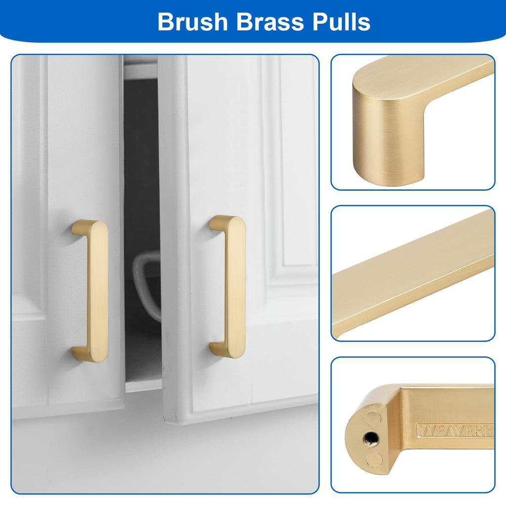 WEAVERBIRD 4 Pack Brushed Brass Cabinet Handles Drawer Pulls Furniture Cabinet Hardware Cupboard Closet Gold Handles Pulls, 3-3/4 inch (96mm) Hole Distance