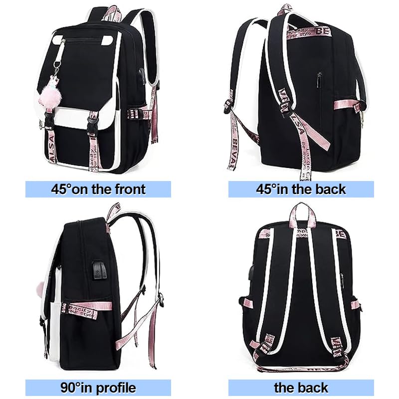 Uplayteck School Backpack 20 Liter Capacity, Black Waterproof with Laptop Compartment | Side Headphone Jack and USB Charging Port | Multiple Pockets | Cute Style for Girls, Kids and Teenagers