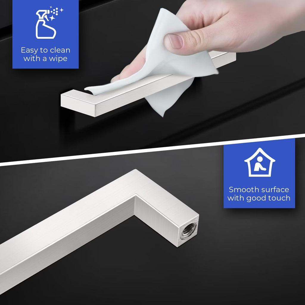 Gobrico 10 Pack Brushed Nickel Cabinet Handles 3-3/4" Cabinet Pulls, Kitchen Cabinet Handles Square Drawer Pulls Hole Centers 96mm, Stainless Steel Cabinet Handles Bathroom Drawer Pulls