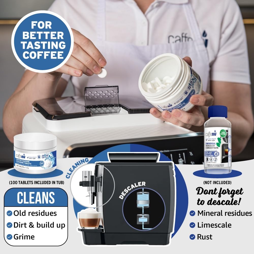 Espresso Cleaning Tablets. 100 x 0.05 oz Coffee Cleaner Tablets. Used Every 100 Cups. Automatic, Superautomatic & Bean to Cup. Use with Descaling