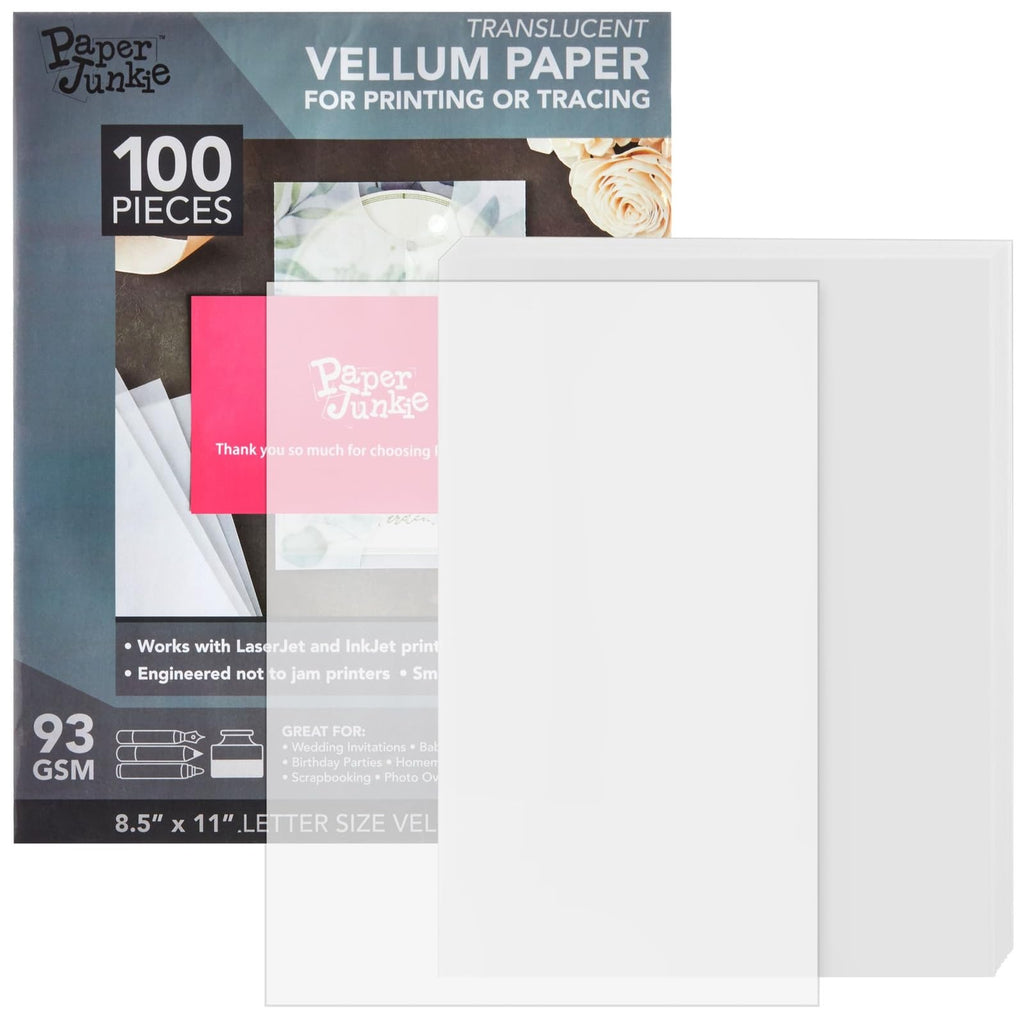 100 Sheets 8.5 x 11 in Translucent Vellum Paper - 93gsm/63lb Printable Tracing Paper for Invitation, Sketching and Card Overlays