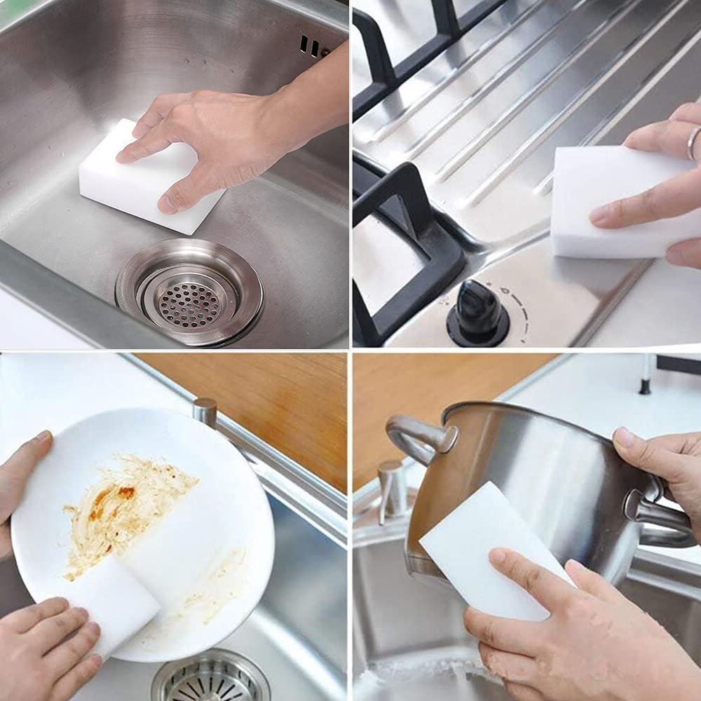 Magic Sponge Eraser POWOBEST 100 Pac Extra Thick Melamine Sponges Magic Cleaning Sponge, Household Cleaning Scrub Sponge Pads for Kitchen, Car,Sink,Shoe，Bathtub Cleaning Sponge