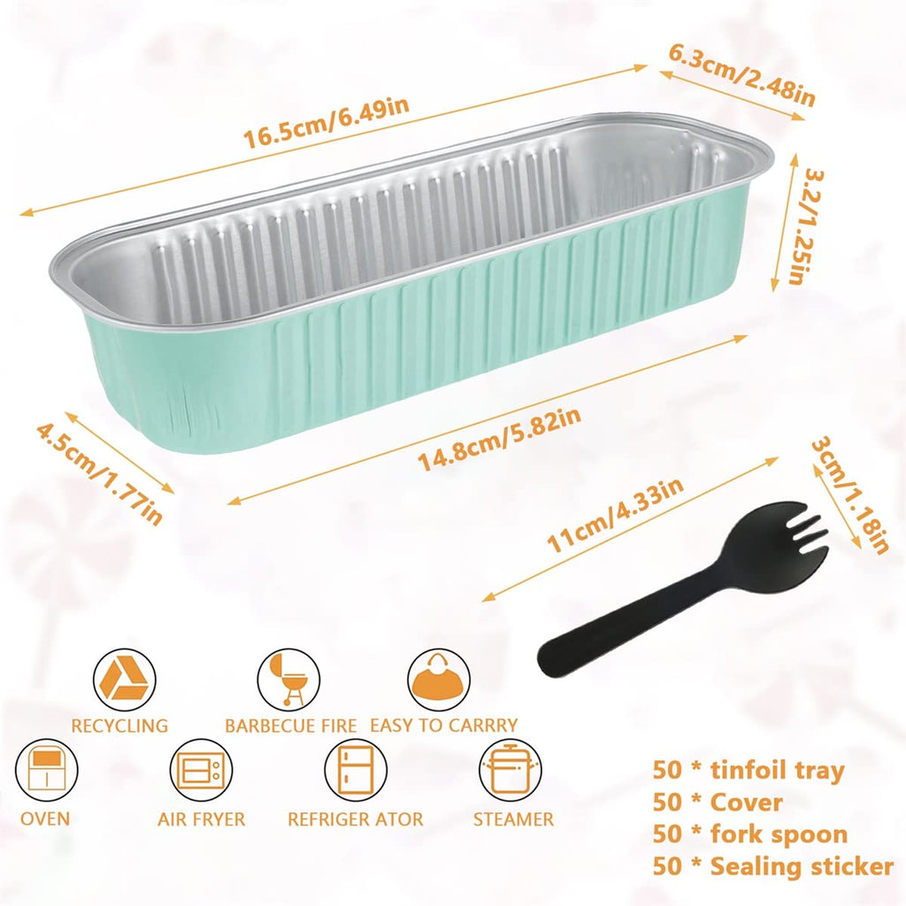 LAINIUTE 50Pcs Mini Loaf Pans with Lids and Spoons, 6.8oz Rectangle Aluminum Foil Baking Pans, Reusable Bread Containers, Narrow Cake Pans for Bread Cheesecake Creme Brulee Ramekins (light green)