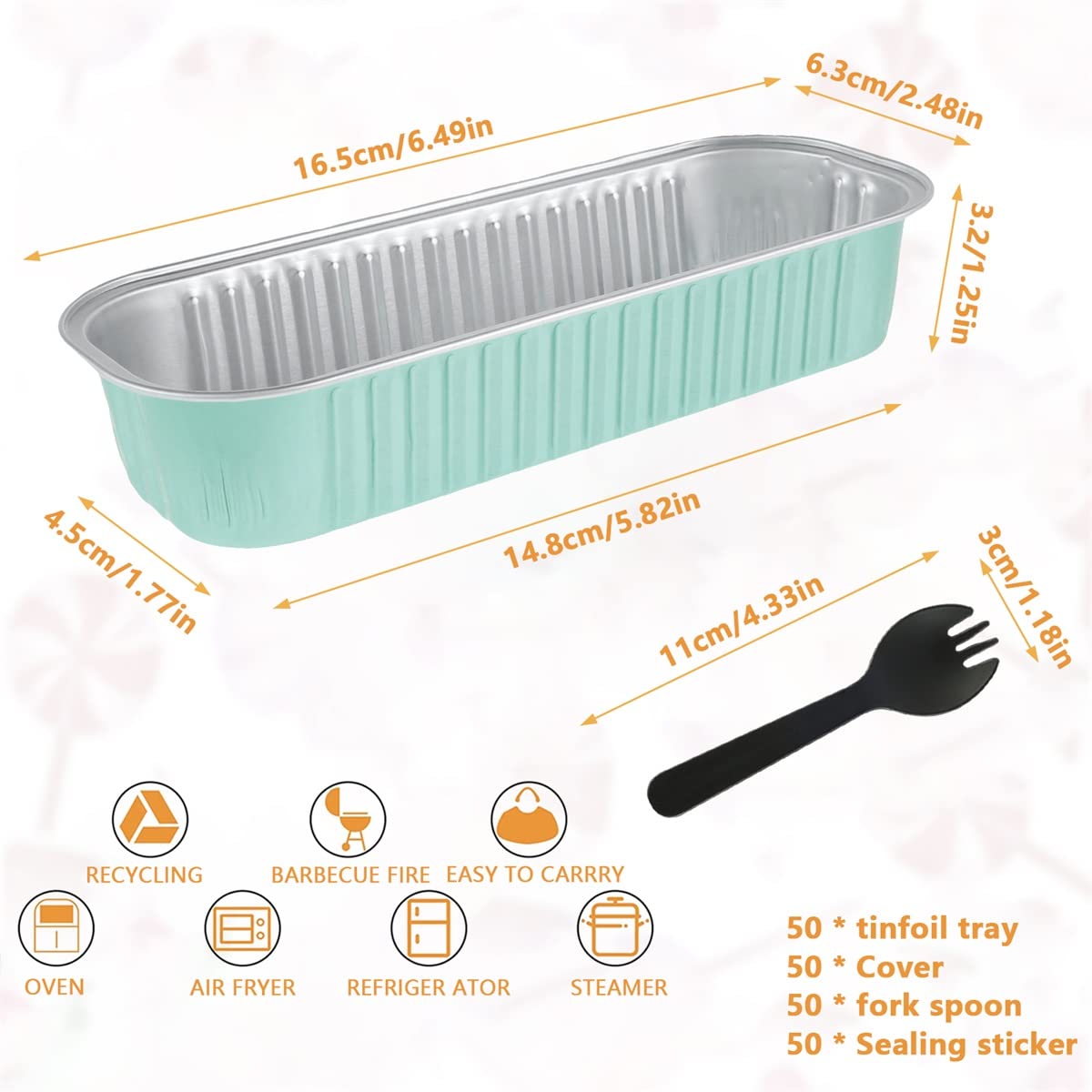 LAINIUTE 50Pcs Mini Loaf Pans with Lids and Spoons, 6.8oz Rectangle Aluminum Foil Baking Pans, Reusable Bread Containers, Narrow Cake Pans for Bread Cheesecake Creme Brulee Ramekins (light green)