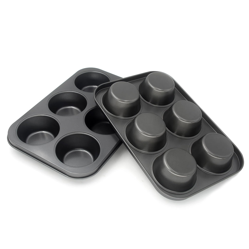Bakexcel Non-Stick Jumbo Muffin Pans, 6-Cup Set of 2 Baking Pans with a Spatula for Extra-large Muffins & Cupcakes