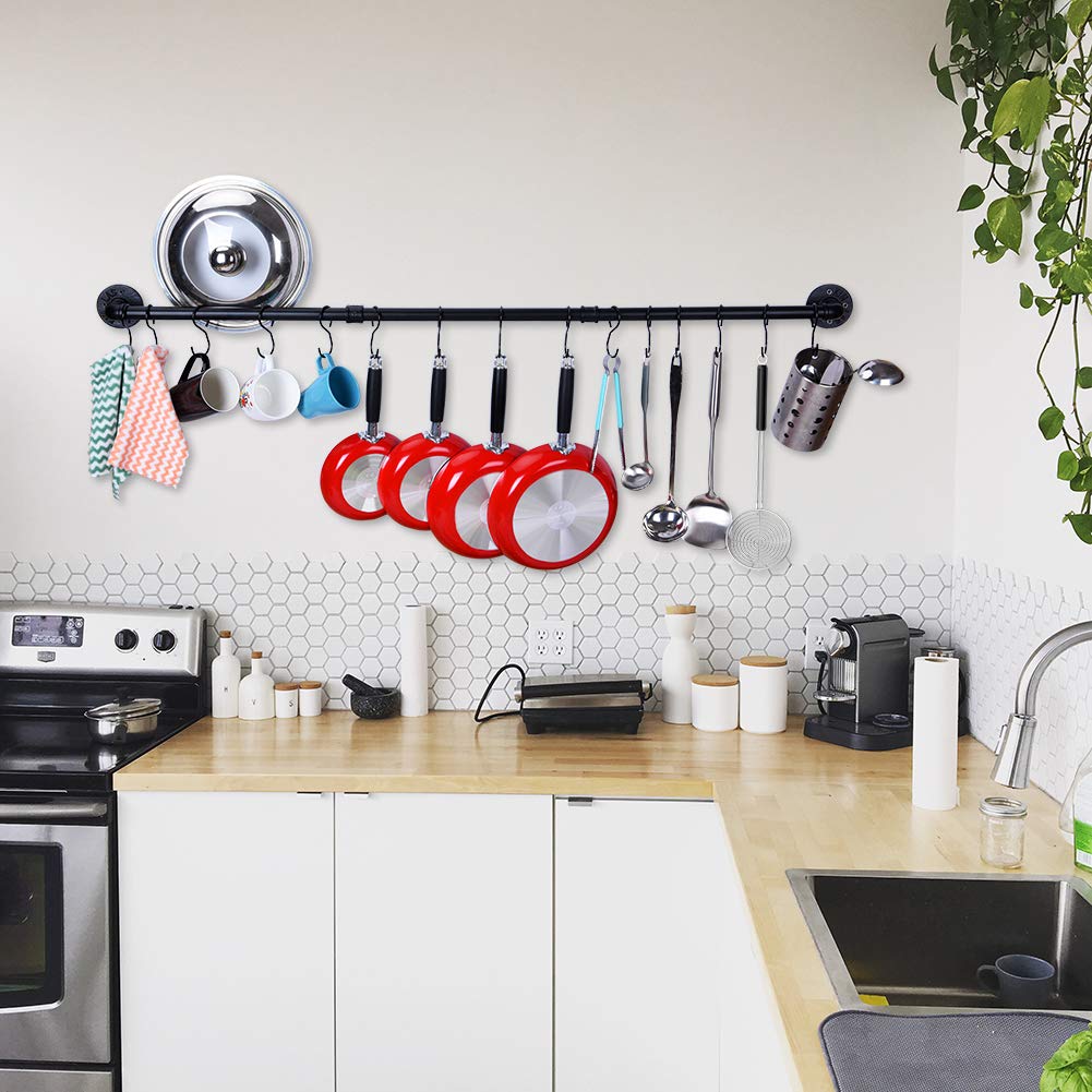 50.4 inch Hanging Pot Rack Wall Mounted Pot Pans Hanging Rail, Industrial Long Pot Pan Bar With 15 S Hooks, Black Hangers Kitchen Pot and Pan Hanging Rack