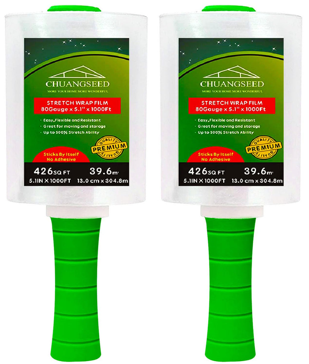 CHUANGSEED 2-Pack Industrial Mini Clear Stretch Wrap Film 80 Gauge 5.1" 1000ft for Pallet Wrap, Durable Self-Adhering Packing, Moving, Packaging, Heavy Duty Shrink Film