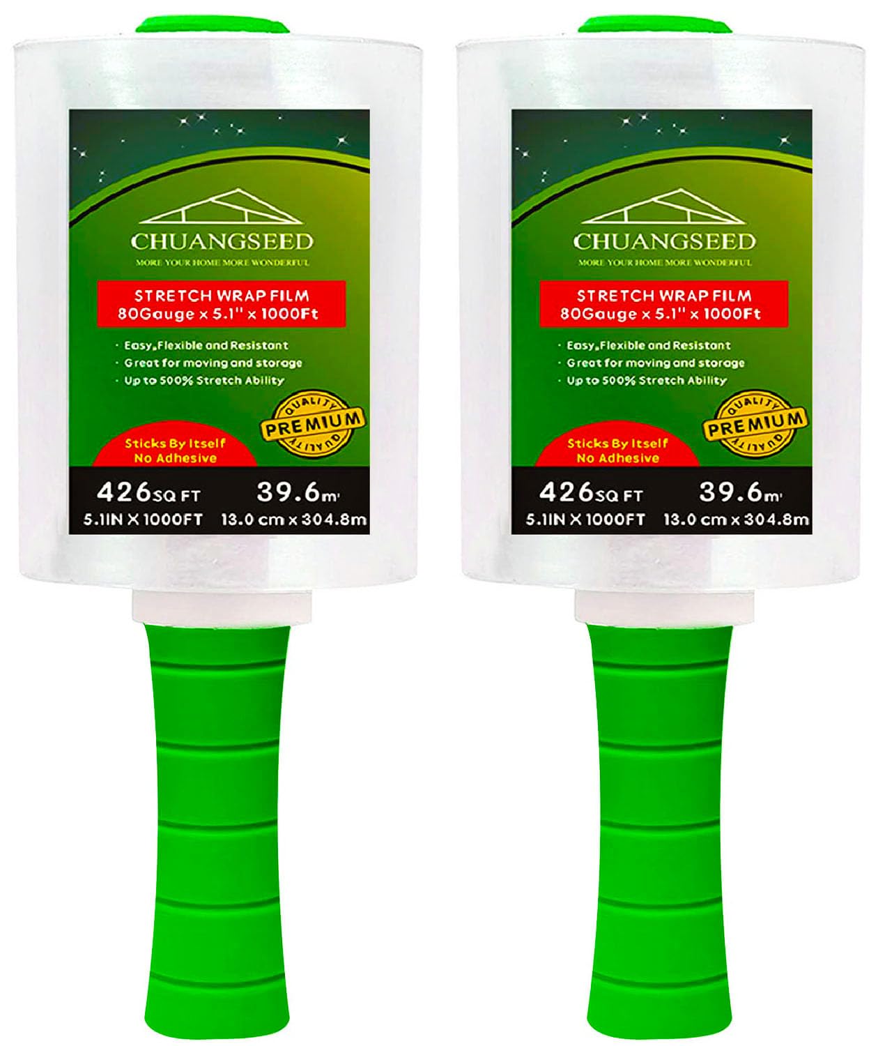 CHUANGSEED 2-Pack Industrial Mini Clear Stretch Wrap Film 80 Gauge 5.1" 1000ft for Pallet Wrap, Durable Self-Adhering Packing, Moving, Packaging, Heavy Duty Shrink Film