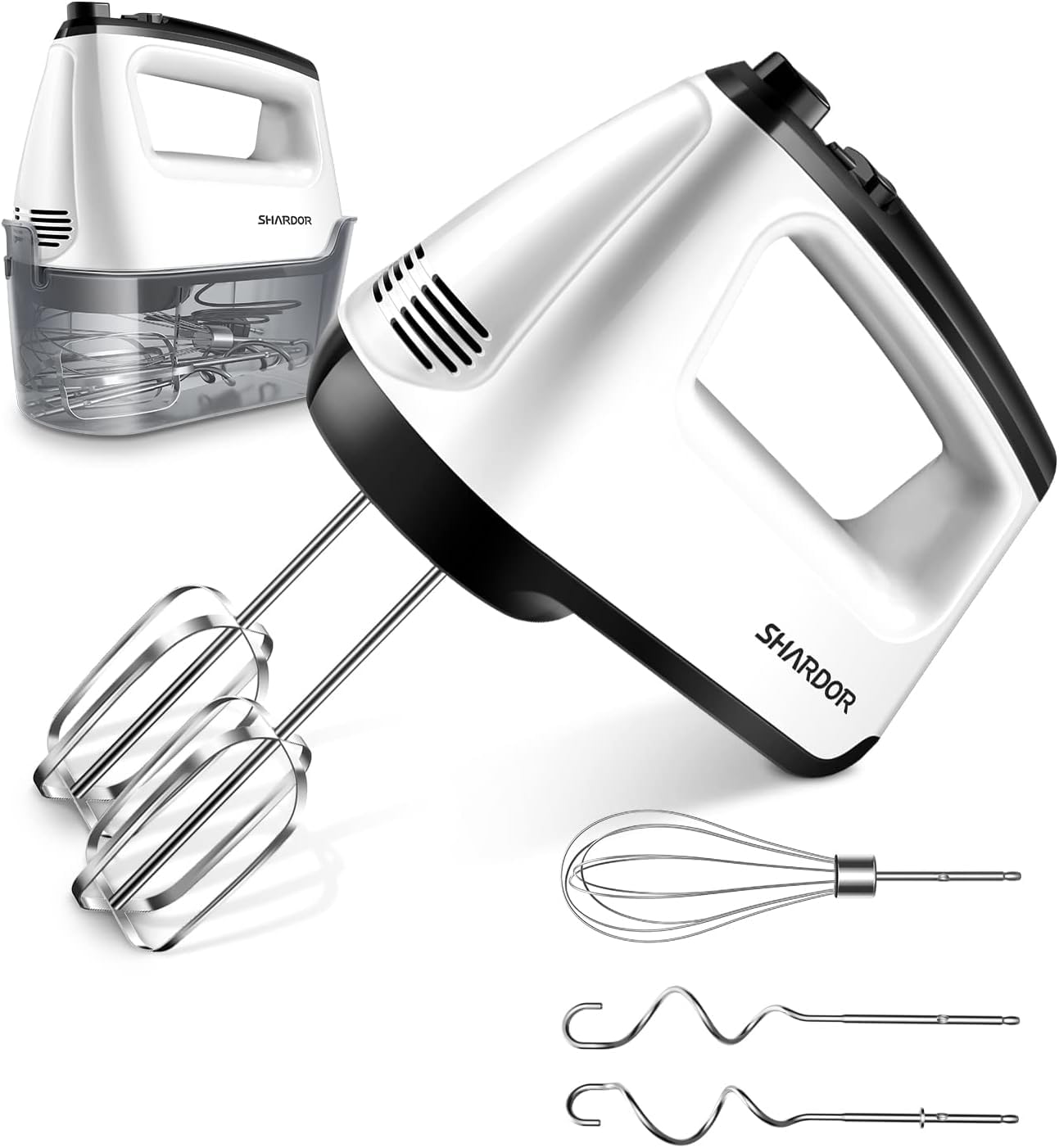 SHARDOR Hand Mixer Electric 6 Speed & Turbo Electric Mixer Handheld Snap-On Storage Case, 5 Stainless Steel Accessories Mixers for Baking, Whipping, Mixing Cookies, Brownie, Cakes Dough, Batters White