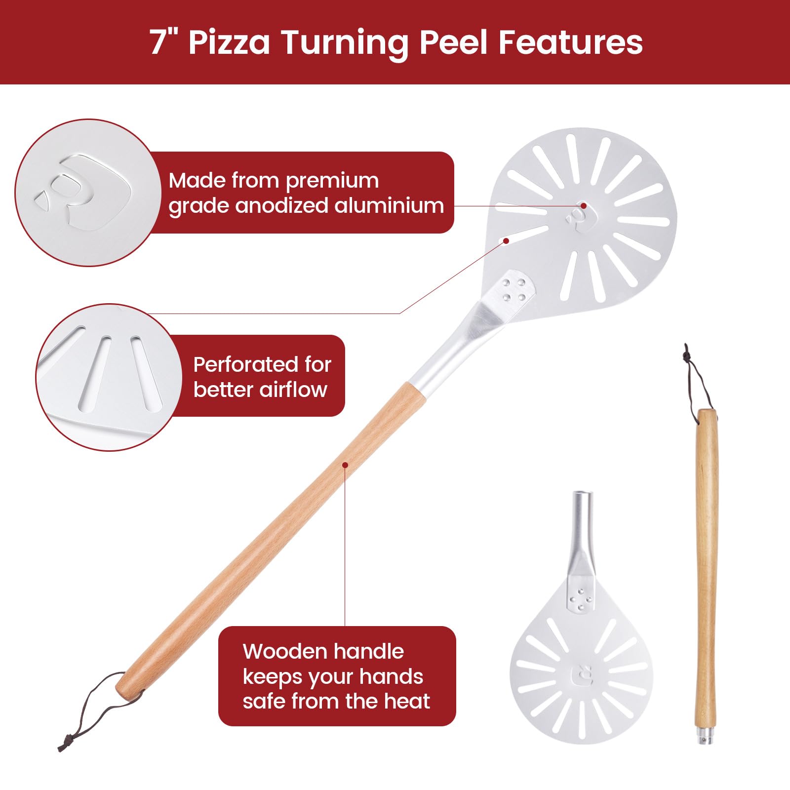 Pizza Turning Peel 7" Perforated Anodized Aluminum Round Pizza Peel Turner with Wood Handle Non Stick Pizza Paddle for Homemade Pizza Bread Outdoor Pizza Oven Accessories