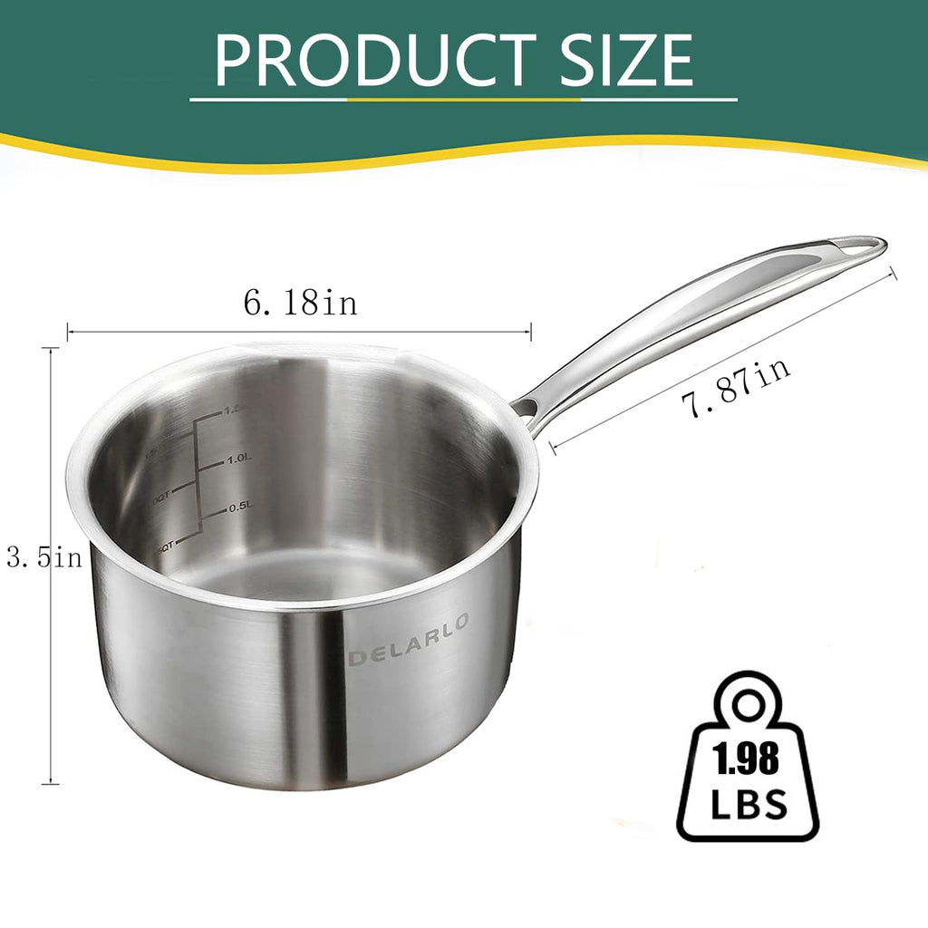 DELARLO Tri-Ply Stainless Steel 1 Quart Saucepan with Lid, Compatible with All Stove 600℉, Small Pots for Cooking, Fast Even Heats, Stainless Pot 1QT, Durable Sauce Pot, Saucepan with Lid