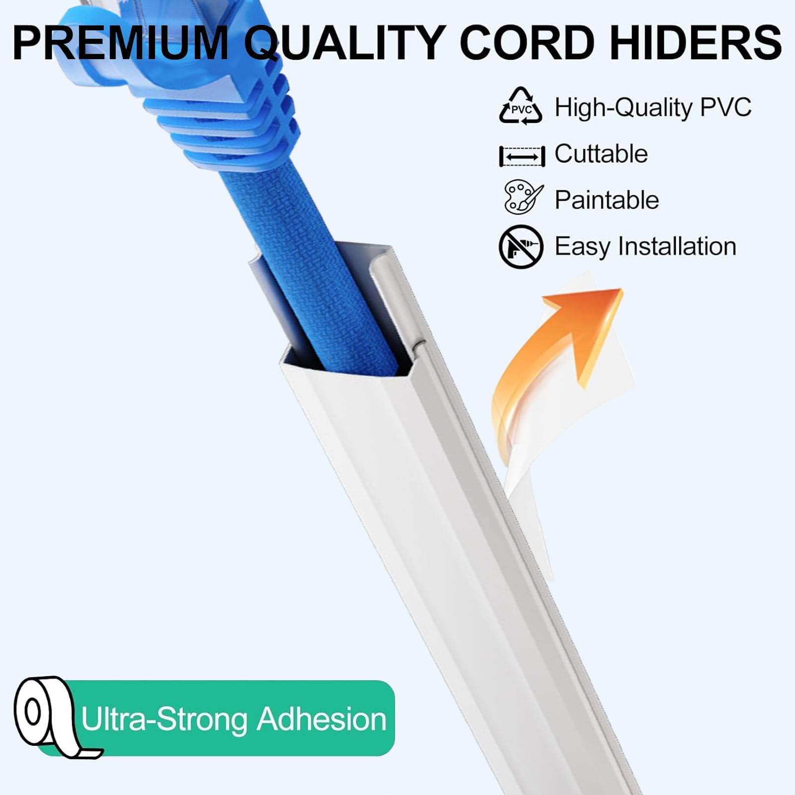 236 in Paintable Cable Concealer, 15 Pack Cord Hider Cord - Cover Wire for Cords, PVC Cable Hider for TV on Wall White Cord Management 15X L15.7in W0.59in H0.35in (White, M-236in)