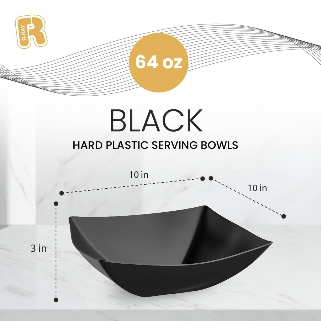R-kay 6 Pack Square Plastic Black Serving Bowls - Black Plastic bowls 64 Oz - Salad Bowls Large Serving - Premium Heavy Duty For Weddings Catering And Birthday parties