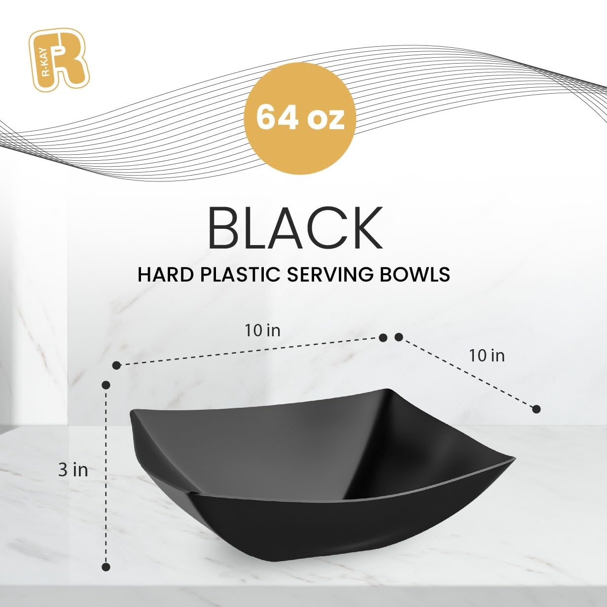 R-kay 6 Pack Square Plastic Black Serving Bowls - Black Plastic bowls 64 Oz - Salad Bowls Large Serving - Premium Heavy Duty For Weddings Catering And Birthday parties
