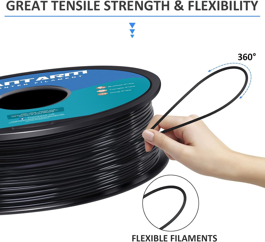 GIANTARM TPU 3D Printer Filament Black, Soft Flexible Filament 95A, Dimensional Accuracy +/-0.05mm, 1KG (2.2LBS), 1.75mm Fit for All 3D Printers, Vacuum Packaging