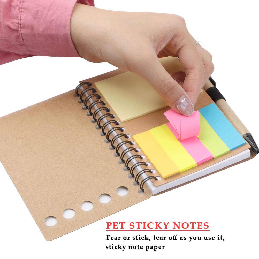6PCS Lined Spiral Notebook Kraft Paper Cover Notepad with Pen in Holder, Memo Notebook with Sticky Notes Colored Index Tabs Notebook Pen Tab for Adult, Kids, Home, Office, School