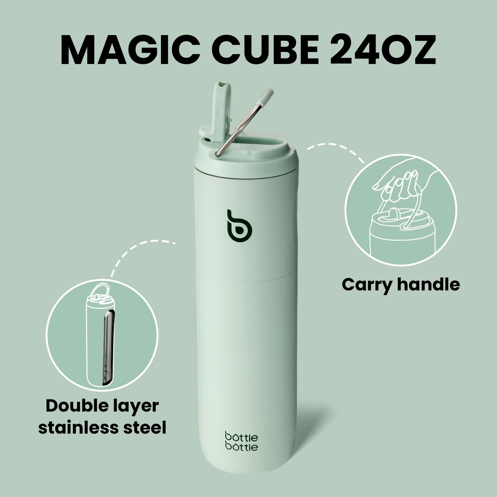 Bottle Bottle Insulated Water Bottle 24oz with Straw Lid and Handle for Sports Travel Gym Stainless Steel Water Bottles Double-Wall Vacuum Metal Bottles Leak Proof BPA-Free (Light Green)