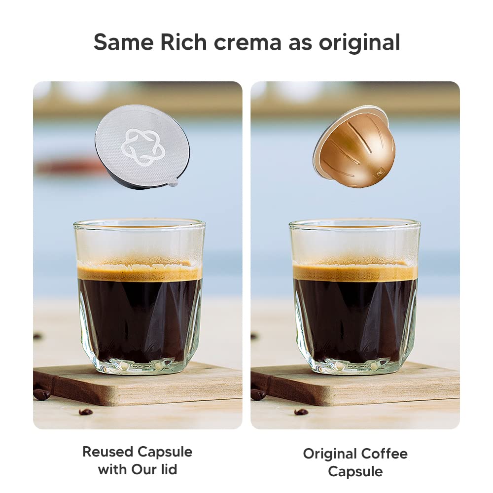 200pcs Coffee Pod Seal Lids,Aluminum Espresso Lids Foil Seals for Reusable Capsules Compatible with Nespresso Espresso Capsules Machines (for VertuoLine)+1 Spoon +1 Brush