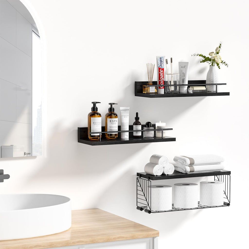 Kowsinde Bathroom Shelves with Wire Storage Basket, Floating Shelves Over Toilet with Protective Metal Guardrail, Wood Wall Mounted Floating Shelves for Bathroom, Living Room, Kitchen and Bedroom