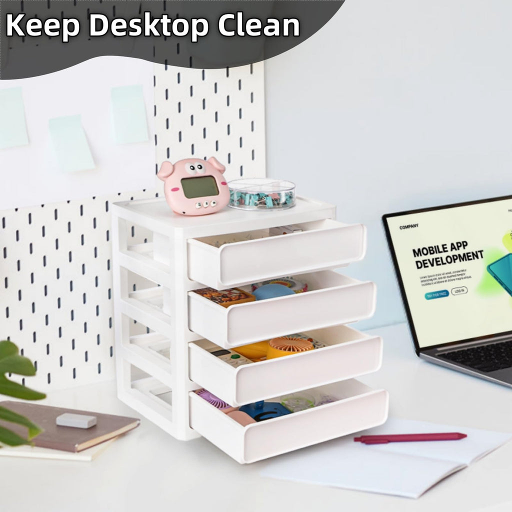 Covzoe 4 Drawer Desktop Storage Unit, 4 Layer Plastic Stacking Tabletop Organizer, White Storage Bin Container with Sliding Drawers, Desk Stationery Organizer Box for Home Classroom Office
