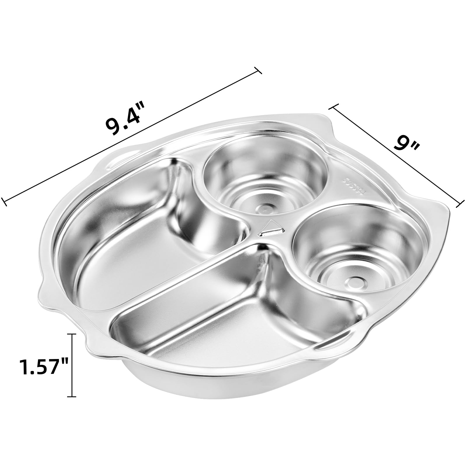 Noamus 3 Pack Stainless Steel Divided Plates, 9 Inch 304 Dinner Platter, Diet Portion Control Tray, 4 Sections Owl Shape Meal Plate for Adult Children Picky Eaters, Camping Dish Lunch Snack