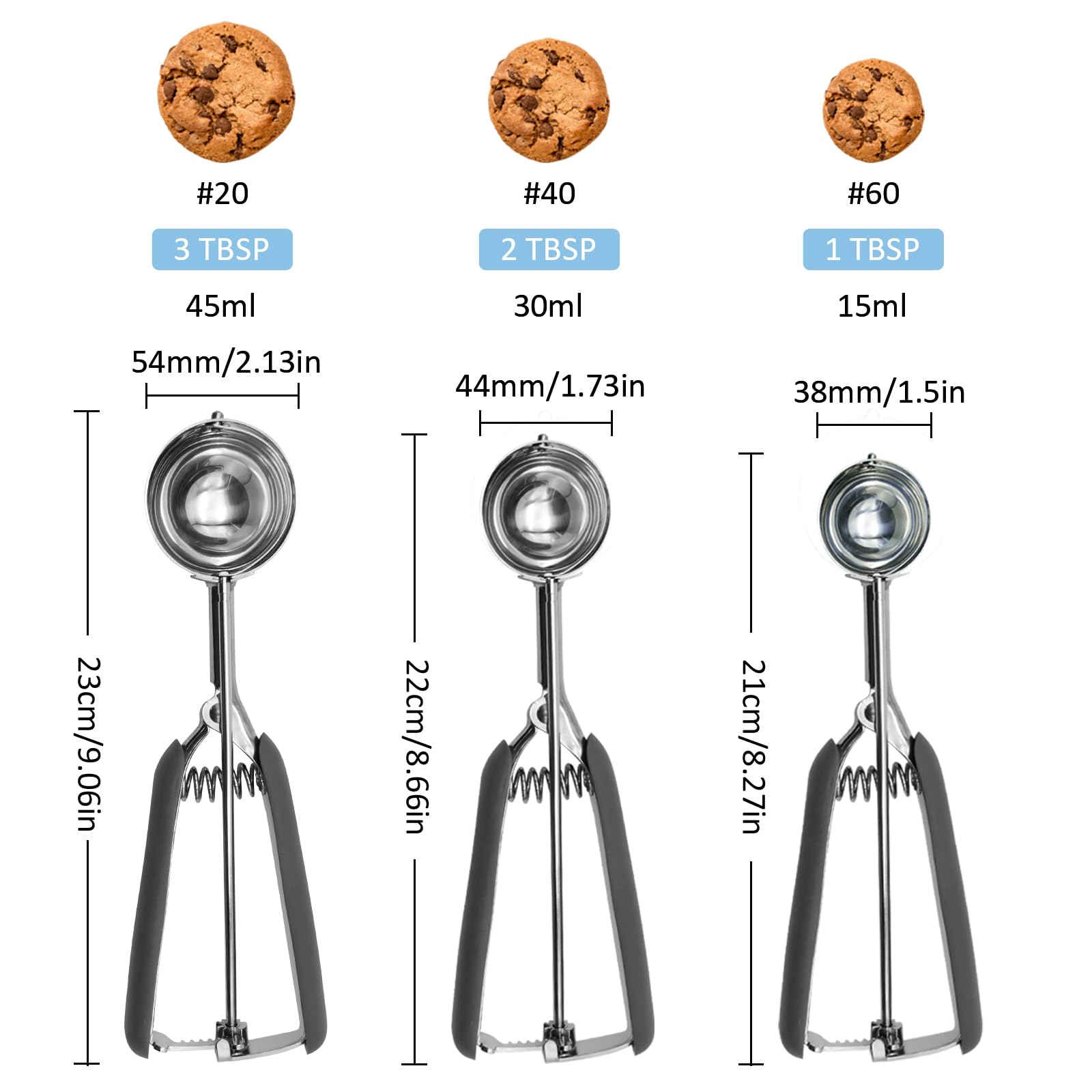 Cookie Scoops for Baking,Ice Cream Scoop,3PCS Stainless Steel 1/2 /3 Tbsp Cookie Dough Scoop,Red Rubber Grips Design,Durable and Effortless,for Ice Cream,Melon Baller and Baking (Black)