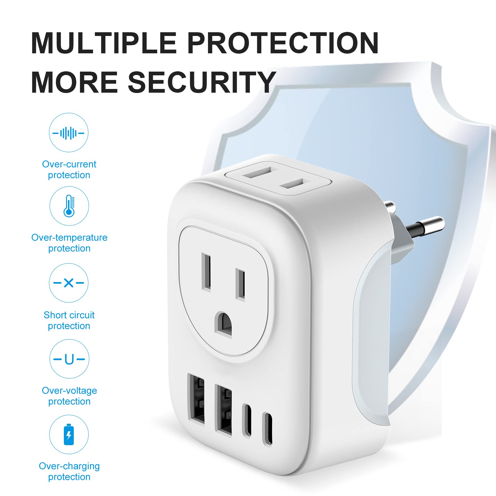 European Travel Plug Adapter, DIWILI International Power Plug with 2 AC Outlets 4 USB Ports(2 USB C), Type C Travel Essentials Charger for Canada to Most of Europe EU Italy Spain France