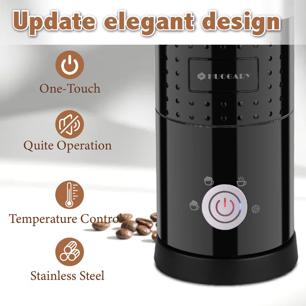 Huogary Electric Milk Frother, 4 in 1 Stainless Steel Milk Steamer, Milk Frother and Steamer for Coffee Milk Warmer for Latte, Cappuccinos, Macchiato (Black 4-in-1)