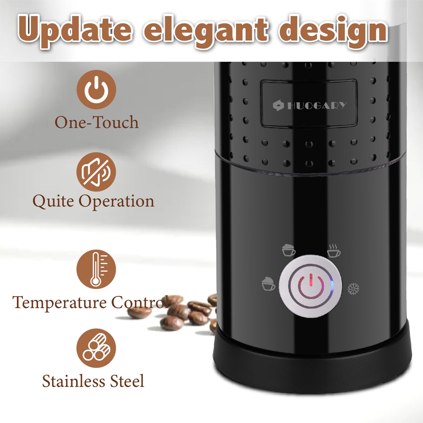 Huogary Electric Milk Frother, 4 in 1 Stainless Steel Milk Steamer, Milk Frother and Steamer for Coffee Milk Warmer for Latte, Cappuccinos, Macchiato (Black 4-in-1)