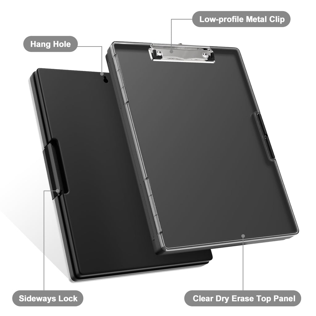Clipboard with Storage, 8.5x11 Clip Boards with 2 Storage Case and A4 Paper Folder, Clear Dry Erase Top Panel, Heavy Duty Plastic, Folio & Side-Opening, for Nurses, Teacher, Lawers, Black
